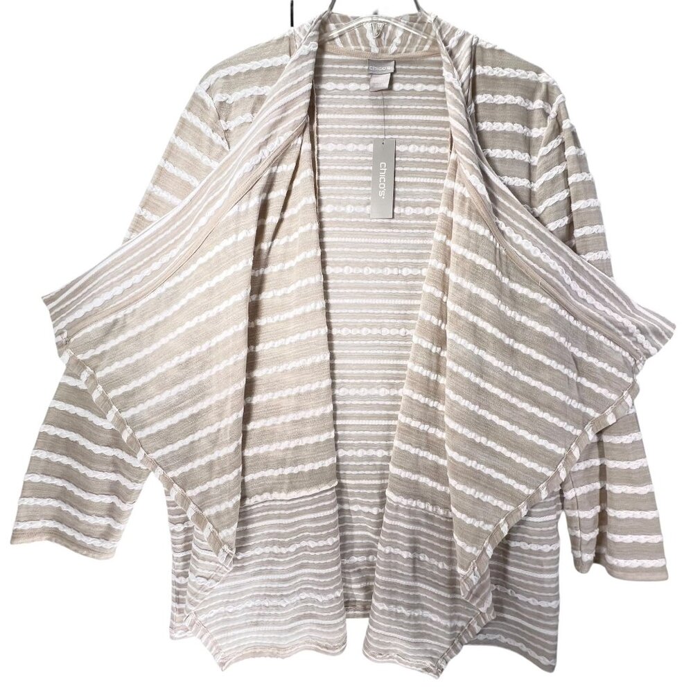 NWT Chicos Striped Cardigan Jacket Beige Sand Sz 3 XL 16 Open Front Textured